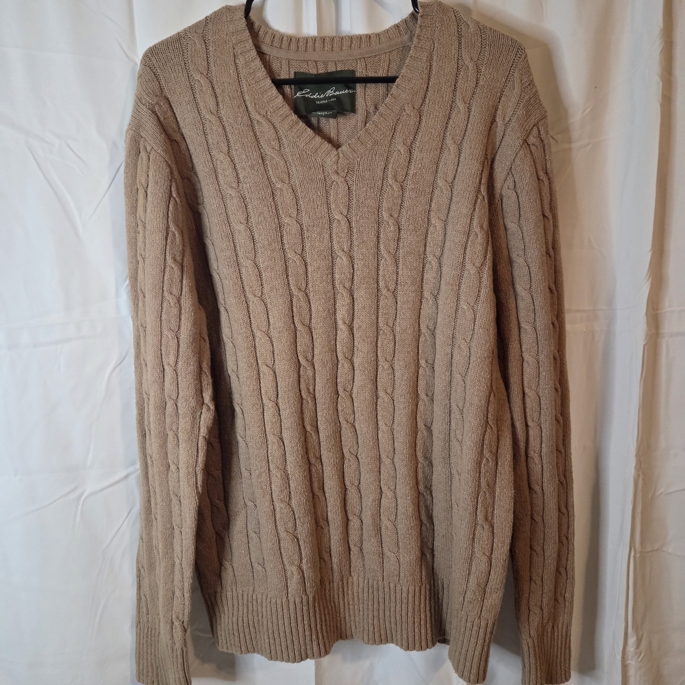 Eddie Bauer Men's Cotton Wool Blend V-Neck Sweater - Tan Size L